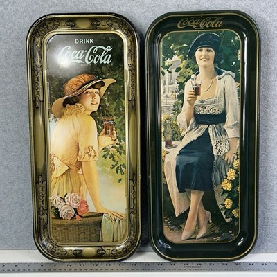 SET of 2 Vintage 1973 Coca-Cola Trays Coke 19'' Tin Rectangular Serving Bar Tray