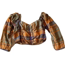 Wild Fable Top Size Small Green Rust Purple Plaid Puff Long Sleeve Ruched Fall