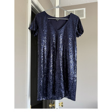 Lulus Navy Blue Sequin Shift Dress Short Sleeve Size S Satin V-Neck