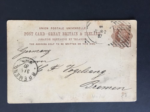 E GB 1887 HOSTER POSTMARK ON POSTCARD TO BREMEN GERMANY