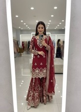 Attractive Look Faux Georgette Maroon Palazzo Suit With Dupatta For Reception