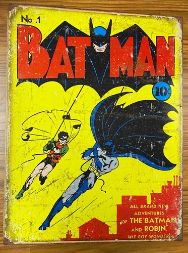 Batman & Robin 12.5" x 16' Metal METALLIC TIN SIGN VTG No 1 Comic Book DC 10¢