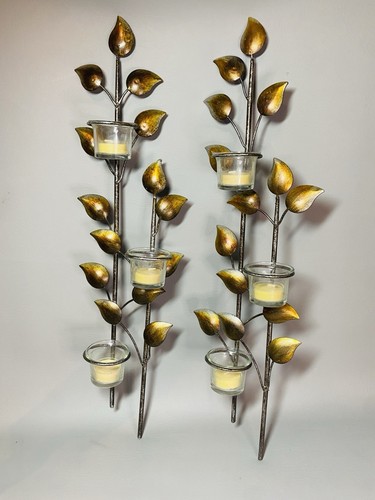 Metal Wall Sconce Leaf Pattern Tealight/Votive Candle Wall Decor w/6 Candles - Picture 6 of 11