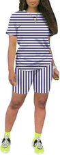 TOPONSKY Womens Two Piece Outfit Tracksuit Shorts Jogger Sets Purple Stripe (XL)