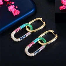 Chic Gold Plated Cubic Zircon Oval Drop Charm Huggie Hoop Earrings Women Jewelry