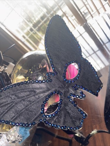 Women's Venetian Lace Mardi Gras Masquerade Mask with Rainbow Gems Black/Blue - Picture 6 of 7