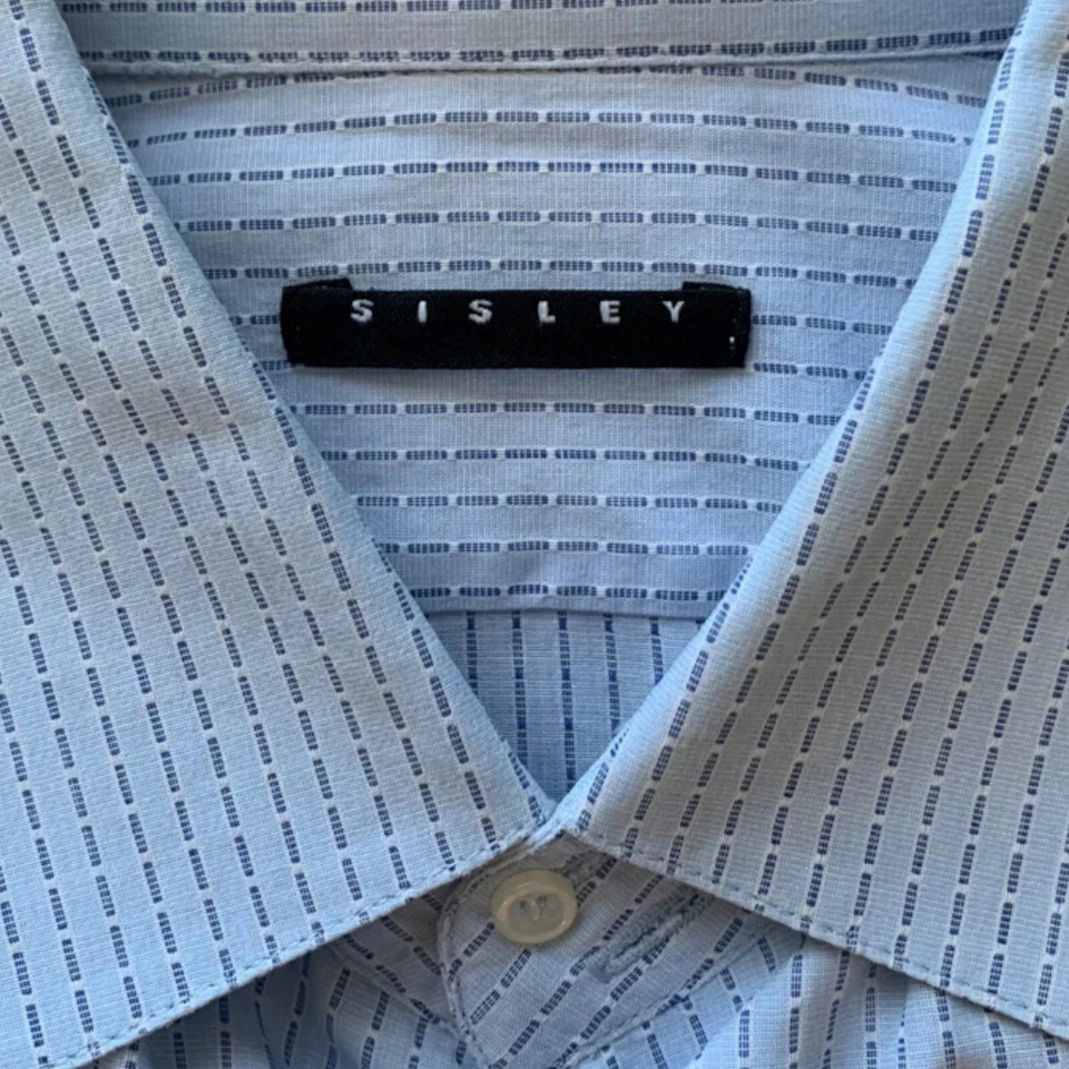 Camisa de vestir Sisley azul claro a rayas de algodón manga larga con botones talla M Foto 3 de 4