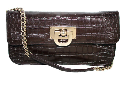 DKNY Convertible Clutch Shoulder Bag Dark Brown Croco Leather Gold Chain Strap