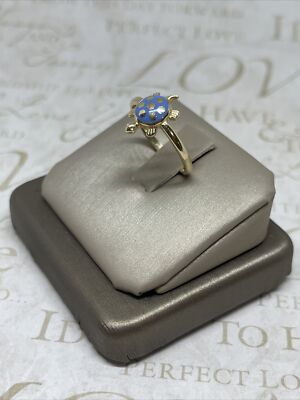 14K Yellow Gold Blue Enamel Turtle Ring