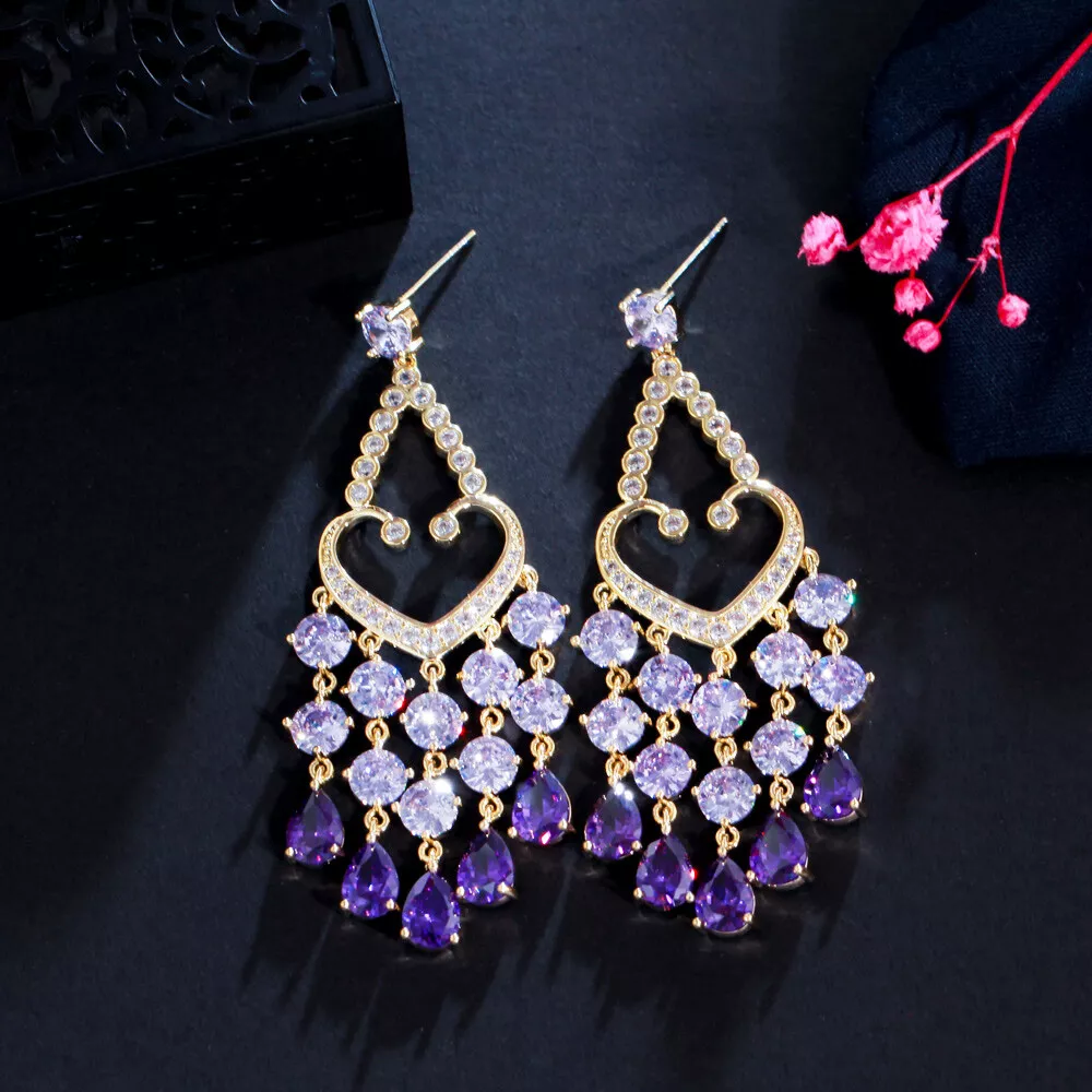 Classy Purple CZ Women Round Charms Long Dangle Tassel Drop