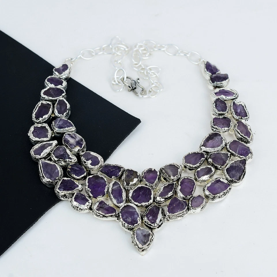 Naturale Crudo Ametista Gemma 925 Argento Gioielli Collana Regalo di Compleanno - Immagine 2 di 4