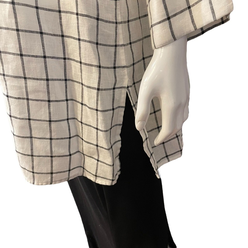 Investments Sz 14 100 Linen Tunic Blouse Top Ivory White Black Check