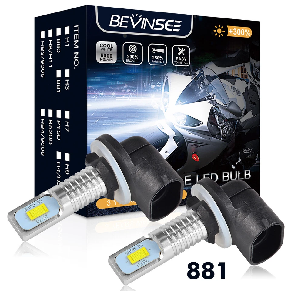 Bevinsee 2X 881 H27W/2 LED Antibrouillard Ampoules 100W 3000LM 6000K Blanc DRL - Photo 1/4