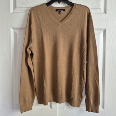 Marc Anthony Cashmere Blend V-Neck Pullover Sweater Mens Sz M Tan L/S Tight Knit