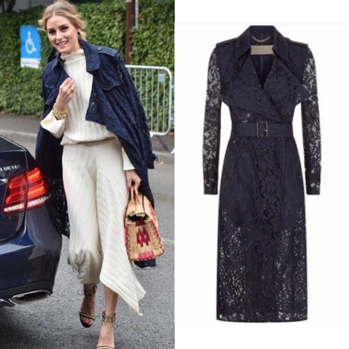 RARE 6 200 Burberry Gracehill Navy Blue Macrame Lace Silk Trench Coat Dress UK8