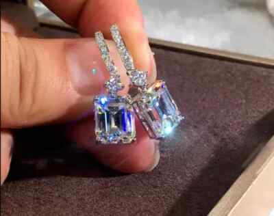 4CT Emerald Cut Lab Created Diamond Drop Dangle Women Earrings 14k White Gold FN