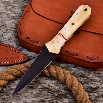 9 D2 STEEL HUNTING DOUBLE EDGE FIXED BLADE DAGGER BOOT KNIFE CAMEL BONE HANDLE