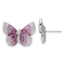 16.85mm Sterling Silver Rhodium-plated Polished Pink CZ Butterfly Post Earrings