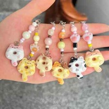 Cat Cookie Phone Charm Strap Soft Kawaii Kitty Couple Keychain Coloful Bead