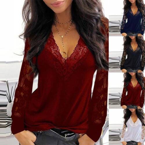 Womens Sexy Lace Long Sleeve Tops Ladies V Neck Casual Pullover T-Shirt Blouse