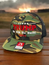 Embroidered Trump 2024 - He Will Be Back Adjustable Snap Back Camo Trucker Hat