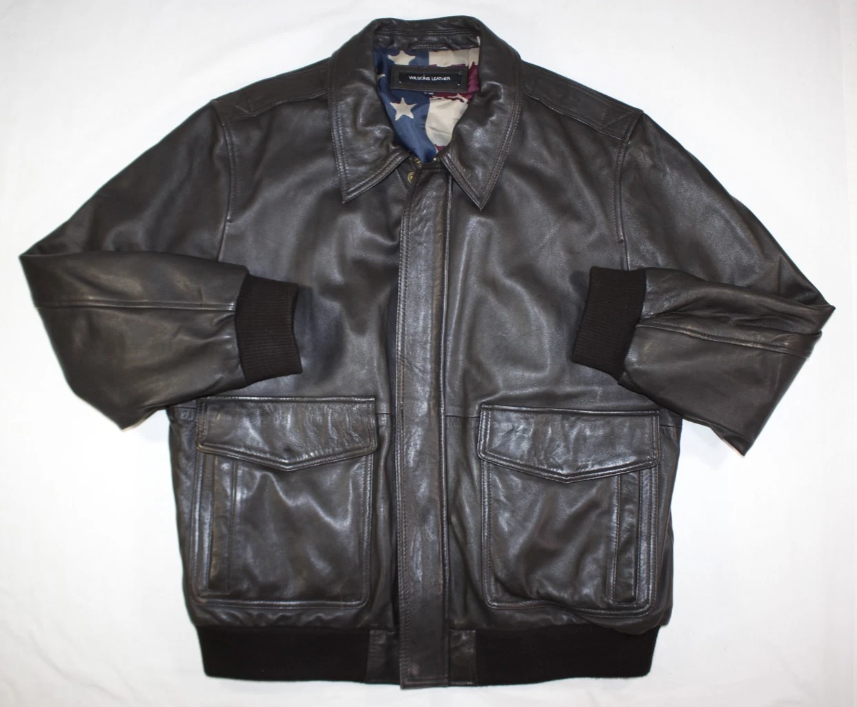 Wilsons Leather Jacket Men's XXL Chris A-2 Bomber American Flag USA Brown image 1