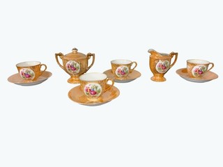 Vintage Gold Lusterware Tea Set With Romantic Victorian Scenes 4 Cups 4 Saucer