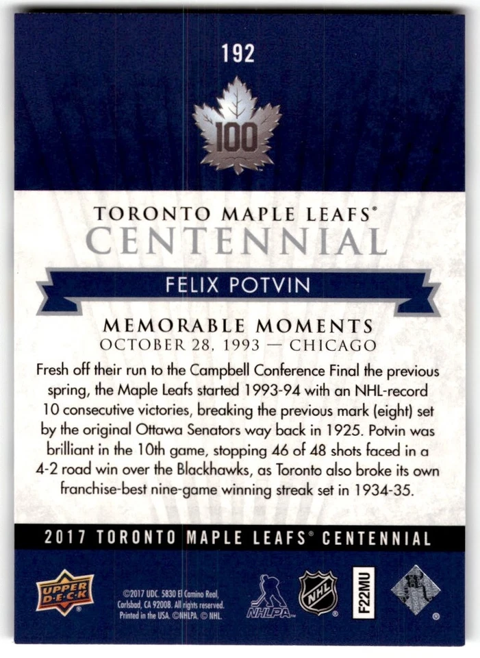 Felix Potvin 2017-18 Upper Deck Toronto Maple Leafs Centennial SP #192 - Image 2 of 2