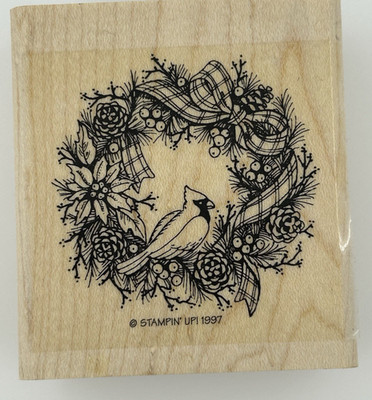 Stampin Up Christmas Wreath Bird Pinecones Plaid 1997 Wood Mount Rubber Stamp