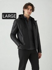 Men's Black Leather Motorcycle Jacket with Quilted Lining Removable Hood - L -