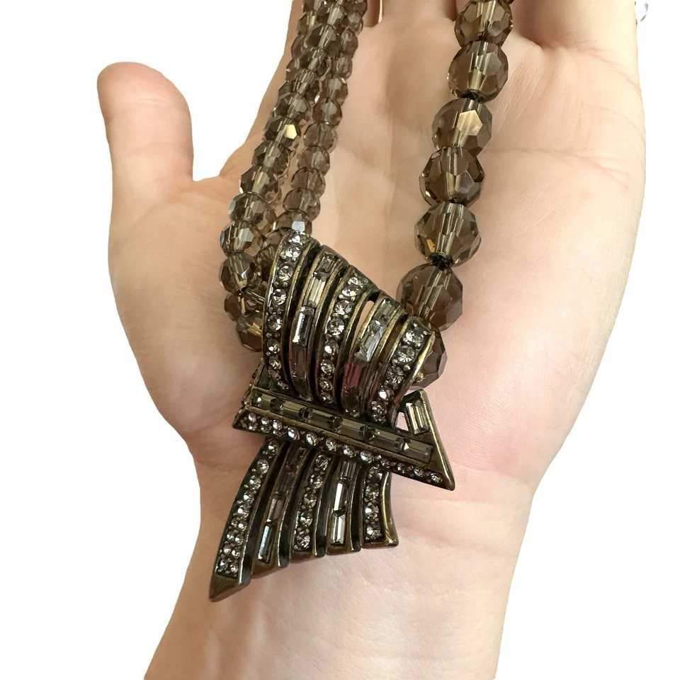Rare HEIDI DAUS Necklace Art Deco Smokey Taupe Faceted Beads Crystal Quartz Vtg - Image 3 of 4