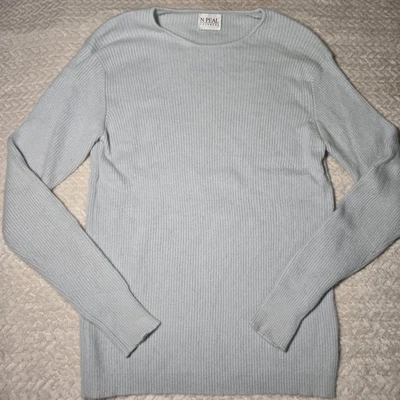 N.Peal Women's Size Large 100% Cashmere Ribbed Crewneck Sweater Light Blue