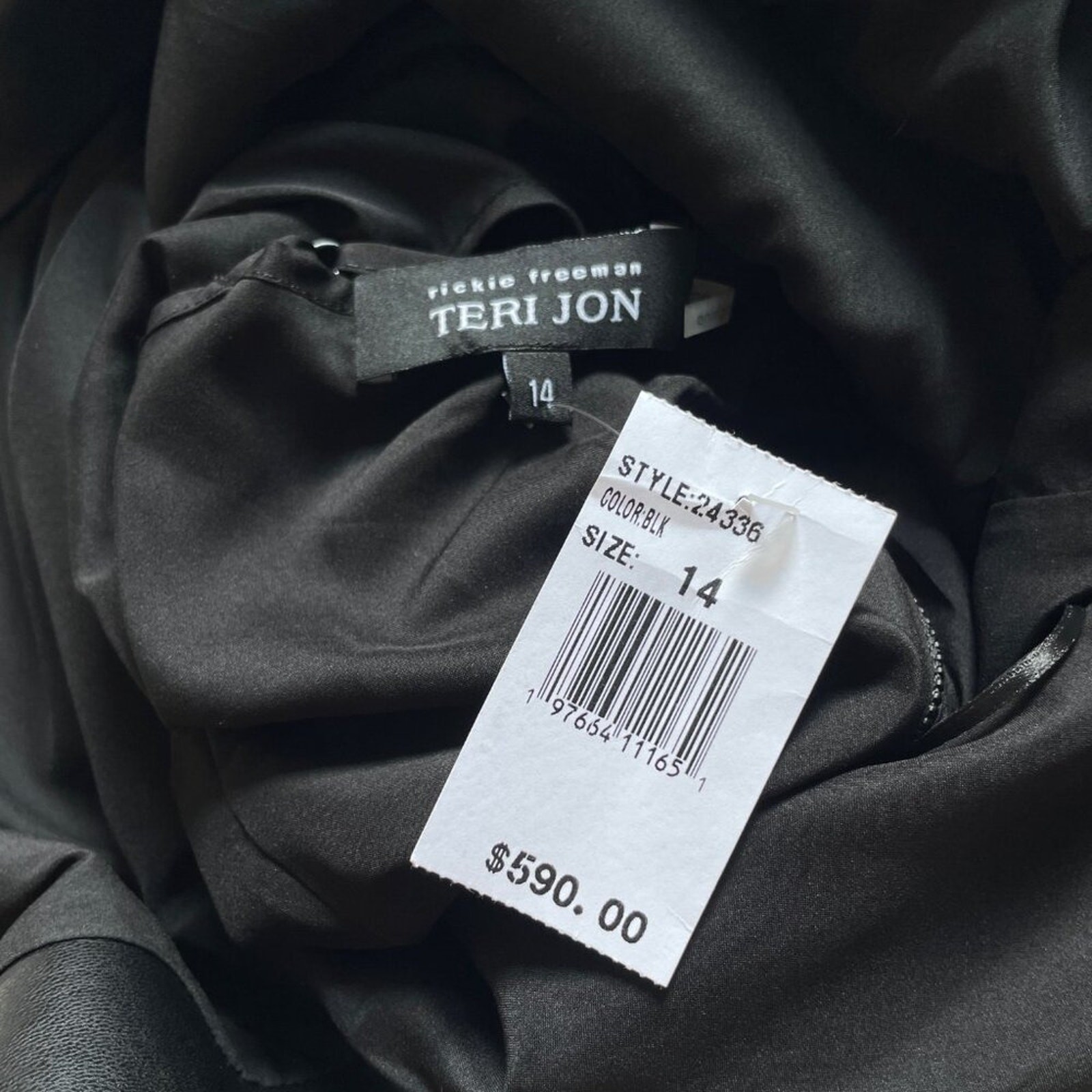 Teri Jon by Rickie Freeman Pleated Crepe Vegan Leather Dress Black Size 14 NWT