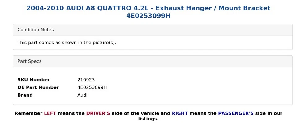 AUDI A8 QUATTRO 2004-2010 4,2 L - Suspensión de escape/soporte de montaje 4E0253099H Foto 3 de 4