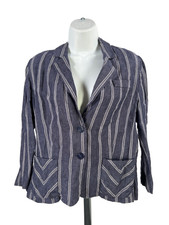 Cabi Women's Blue/White Striped Linen 2 Button 3/4 Sleeve Blazer Jacket - 8