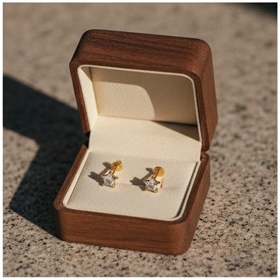14K Solid Gold Star CZ Basket Set Screw Back Stud Earrings Secure Gift for Kids