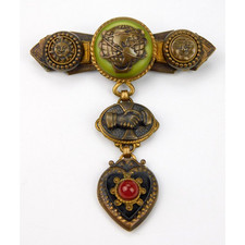 VTG Handcrafted Brooch Pin Artisan Assemblage Glass Bronze Handshake Globe Amour