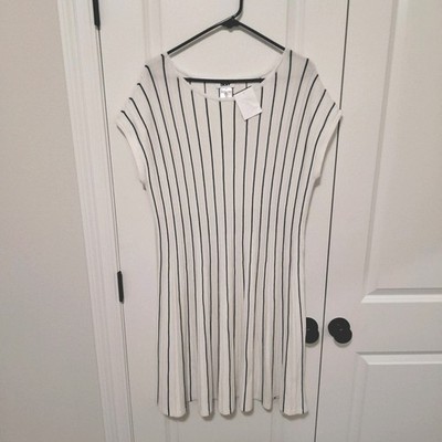 NWT DKNY Women's Striped Fit and Flare Dress Cream & Black Size Large New w/Tag