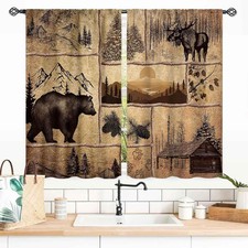 Rustic Lodge Curtains, Retro Farmhouse Bear Deer Elk Moose Hunting Wild Anima...