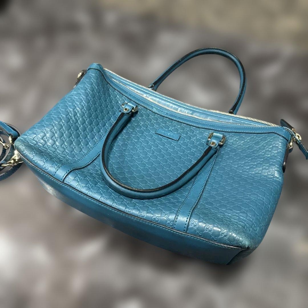 GUCCI 2Way Leather Handbag Small Blue GG Pattern Authentic Good Condition thumbnail 9