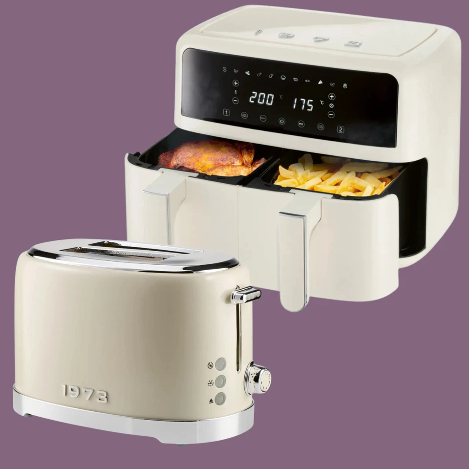 Silvercrest Retro 1973 Beige Konvolut Dual Air Fryer und Toaster Brandneu Deutsch