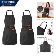 2 Pack Adjustable Bib Apron with 2 Pockets Chef Cooking Kitchen Black Pinstripe