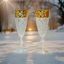 👑 Bohemia Crystal Gold Goblets Set of 2 Baroque Handmade 2004–2006 Holiday Gift