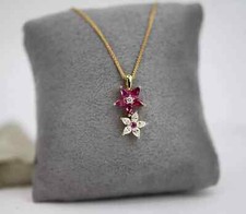 2Ct Pear Lab Created Pink Ruby Flower Pendant 18" Chain 14K Yellow Gold Plated