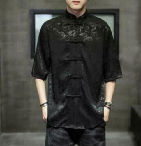 Camisa de seda para hombre manga corta calce ajustado estilo chino cuello alto traje tang tops - Imagen 13 de 15