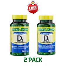 2 Pack Spring Valley Vitamin D3 Softgels, 125 mcg per Softgel, 5,000 IU, 250 Ct