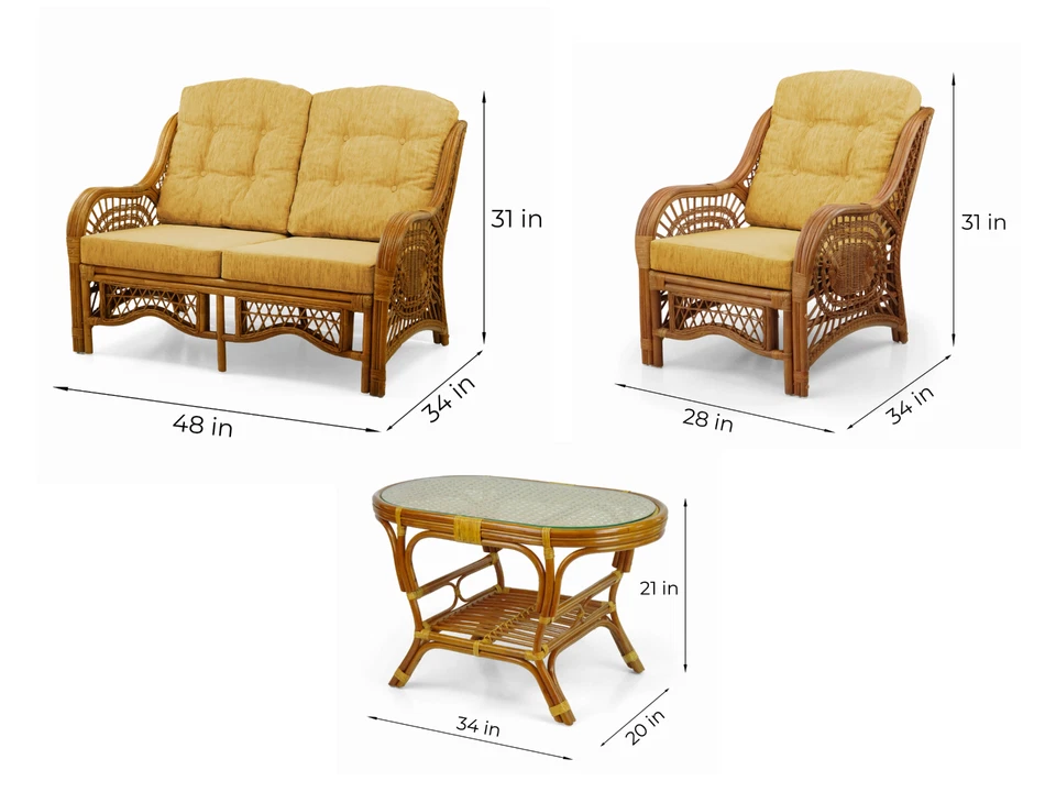 Malibu藤条生活套装2把椅子双人沙发咖啡桌殖民地带靠垫 — 第 3/4 张图片