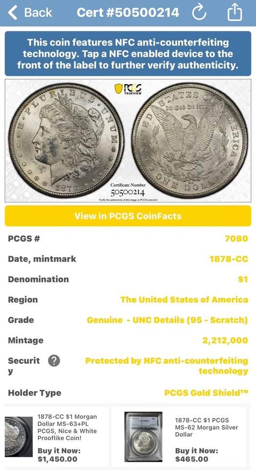 1878-CC PQ Silver $ PCGS Uncirc Gold Shield MS, Very slight scr bright BU D708 - Image 3 of 4