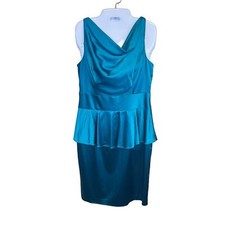 Jones New York Teal Satin Draped Neck Peplum Sleeveless Cocktail Dress Sz 10