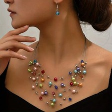 Women Ethnic Simulated Pearl Multilayer Colorful Beads Necklace Earrings Set New